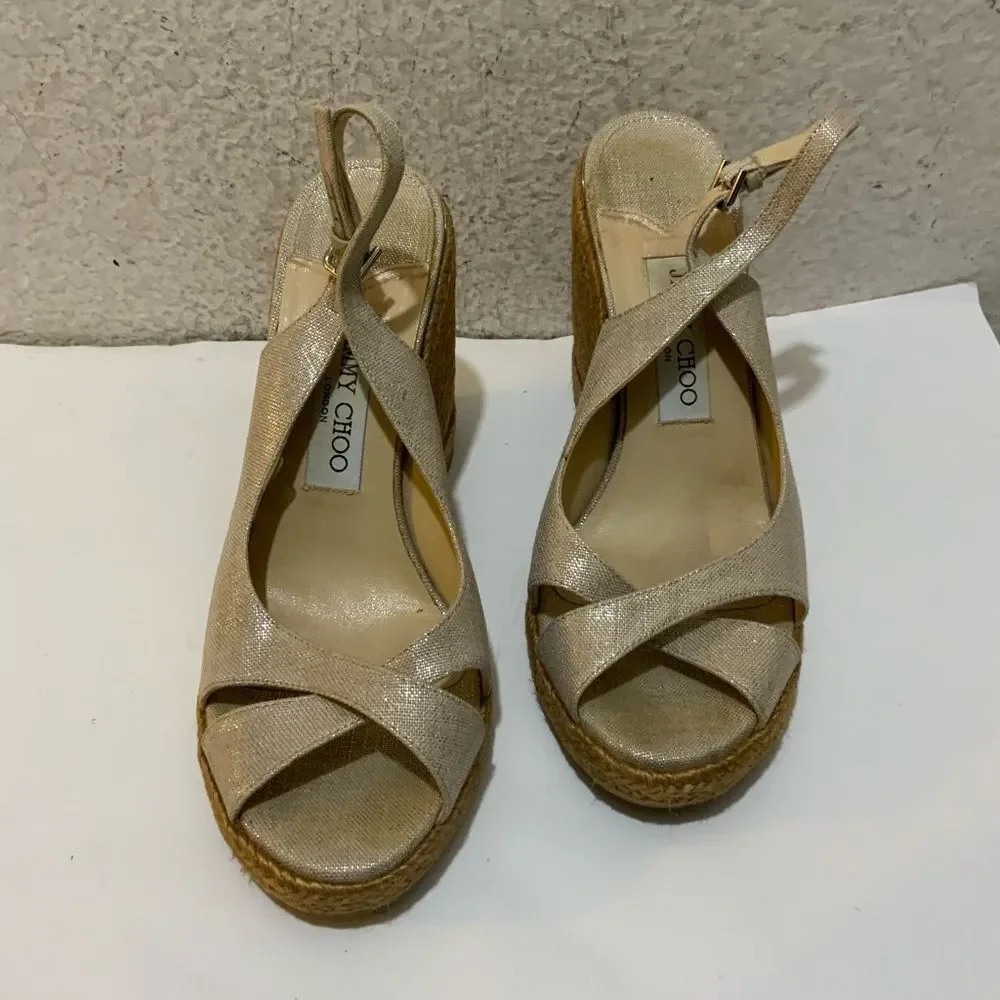 JIMMY CHOO Women’s 38 US 8 Espadrille Platform Wedge Gold Metallic Leather